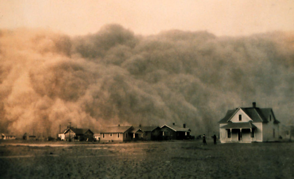 Sandsturm w&auml;hrend des Dust Bowl in Texas, 1935